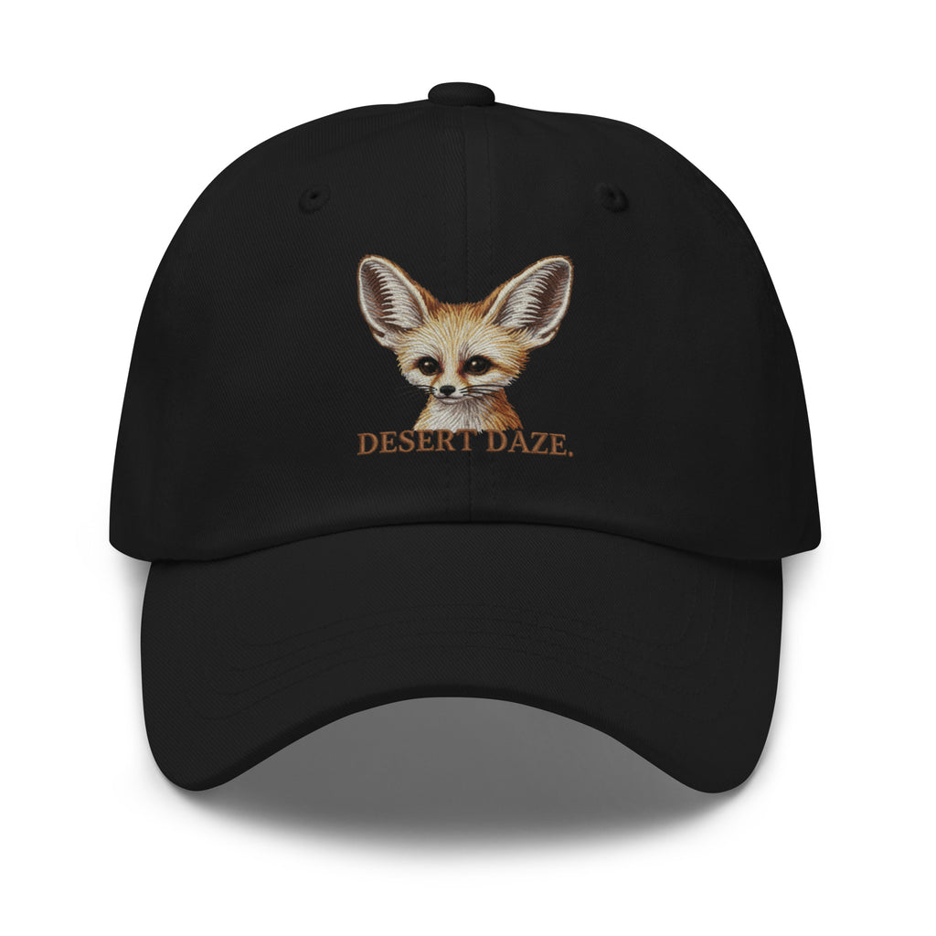 Black fennec fox embroidered hat with Desert Daze text