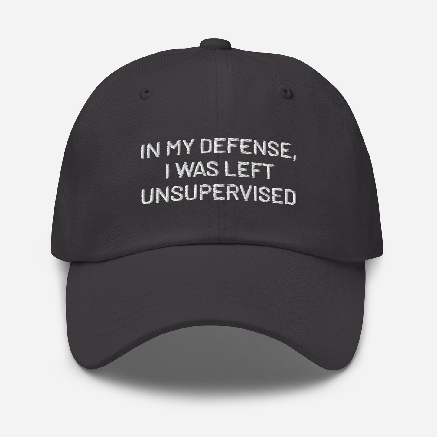 Funny embroidered dad hat with In My Defense I Was Left Unsupervised text
