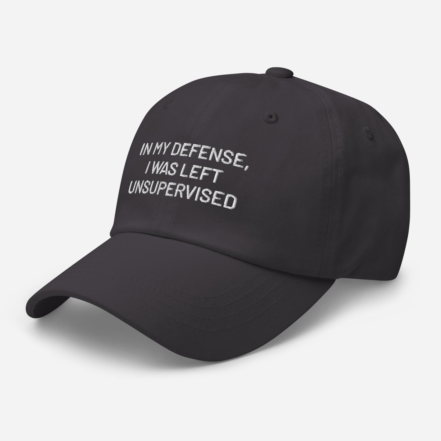 Funny embroidered dad hat with In My Defense I Was Left Unsupervised text