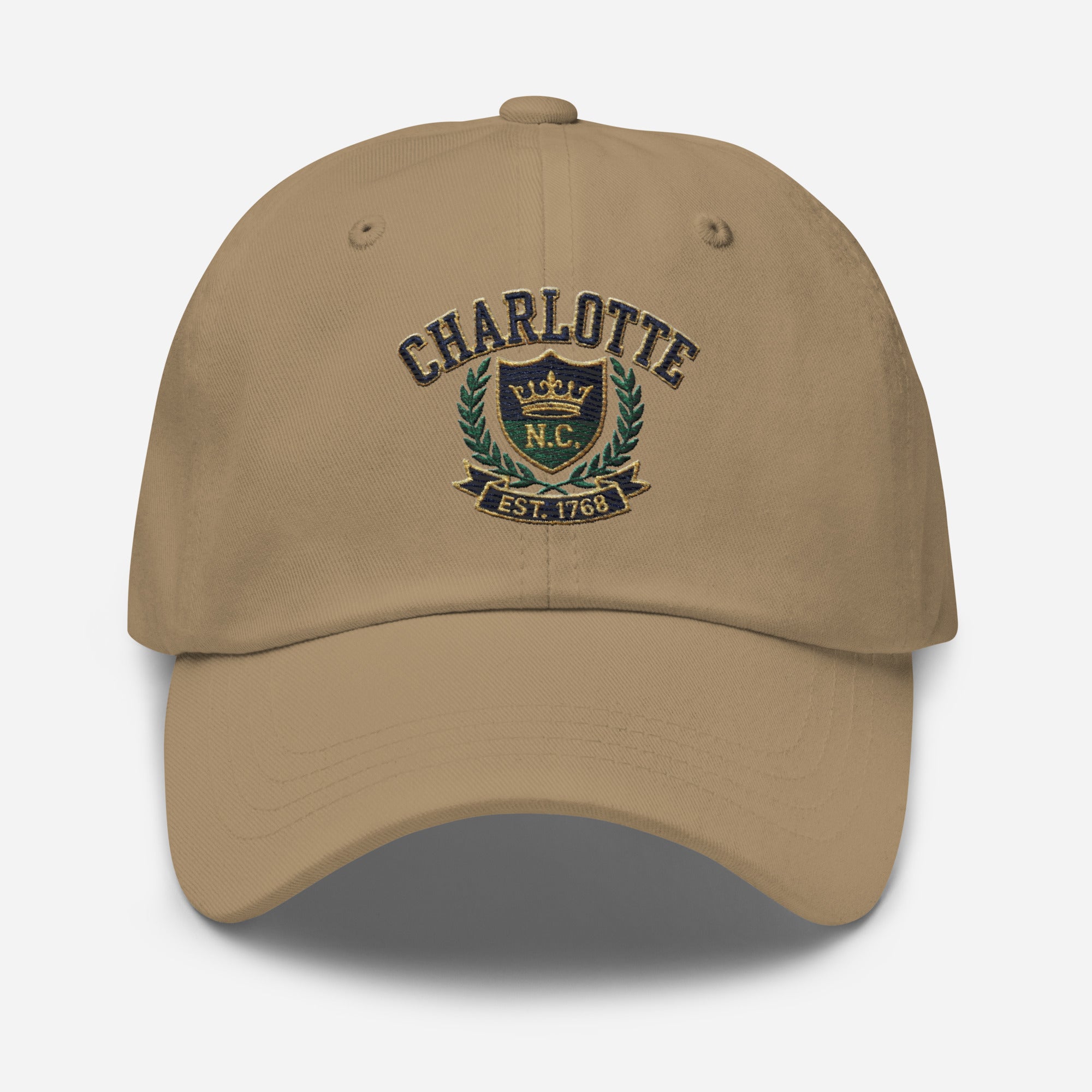 Khaki Charlotte NC embroidered dad hat, travel gift