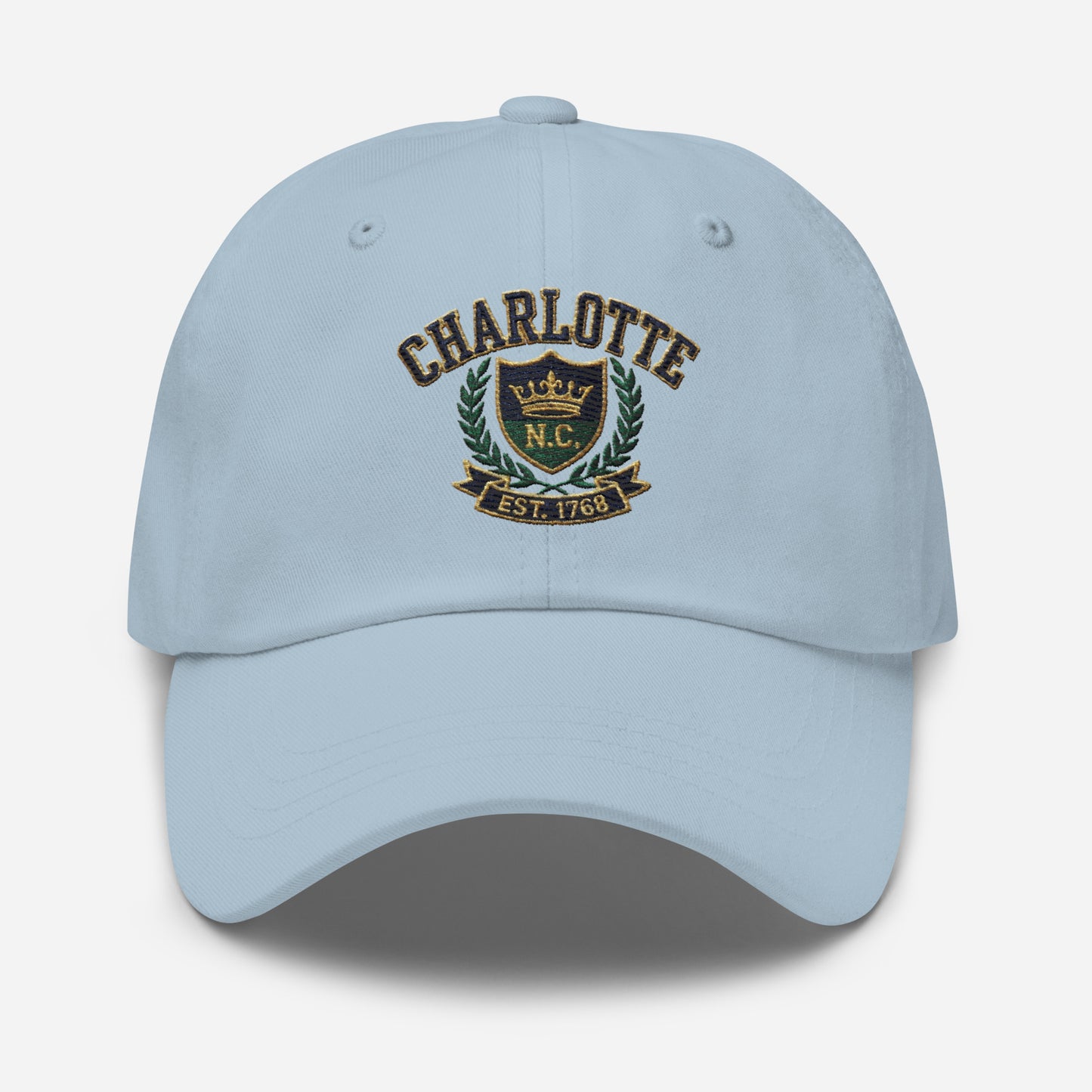 Light blue Charlotte NC embroidered dad hat with laurel wreath