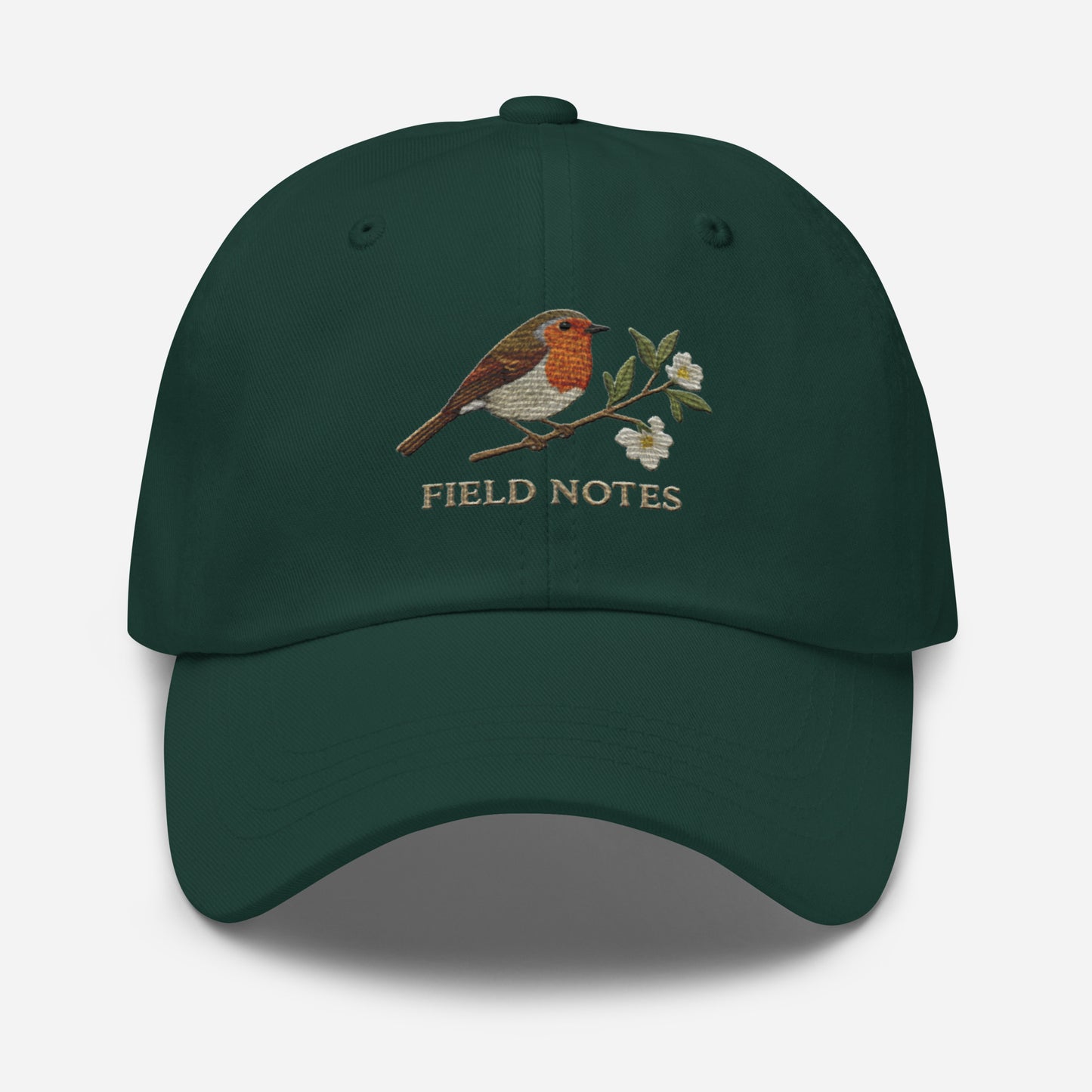 Green bird and flower embroidered dad hat in vintage cotton twill