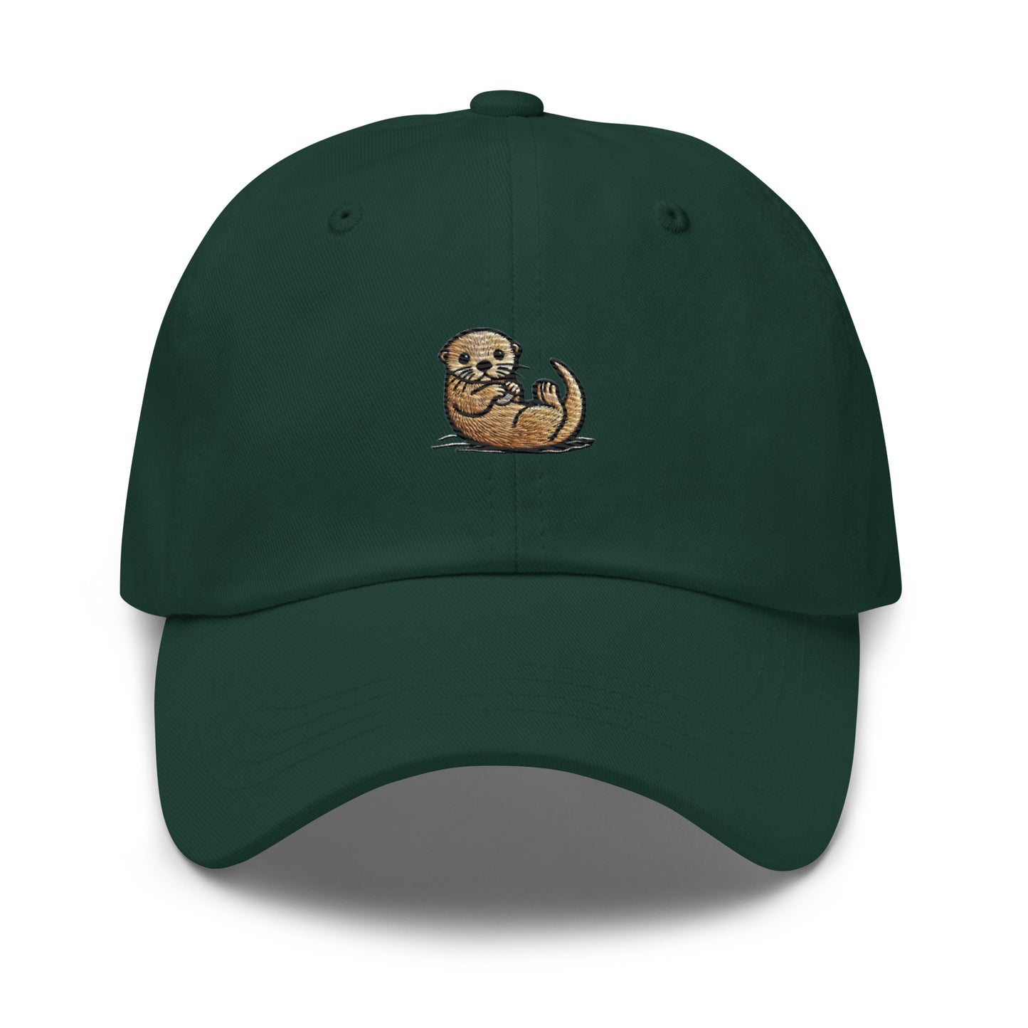 Green cotton twill dad hat with embroidered otter design