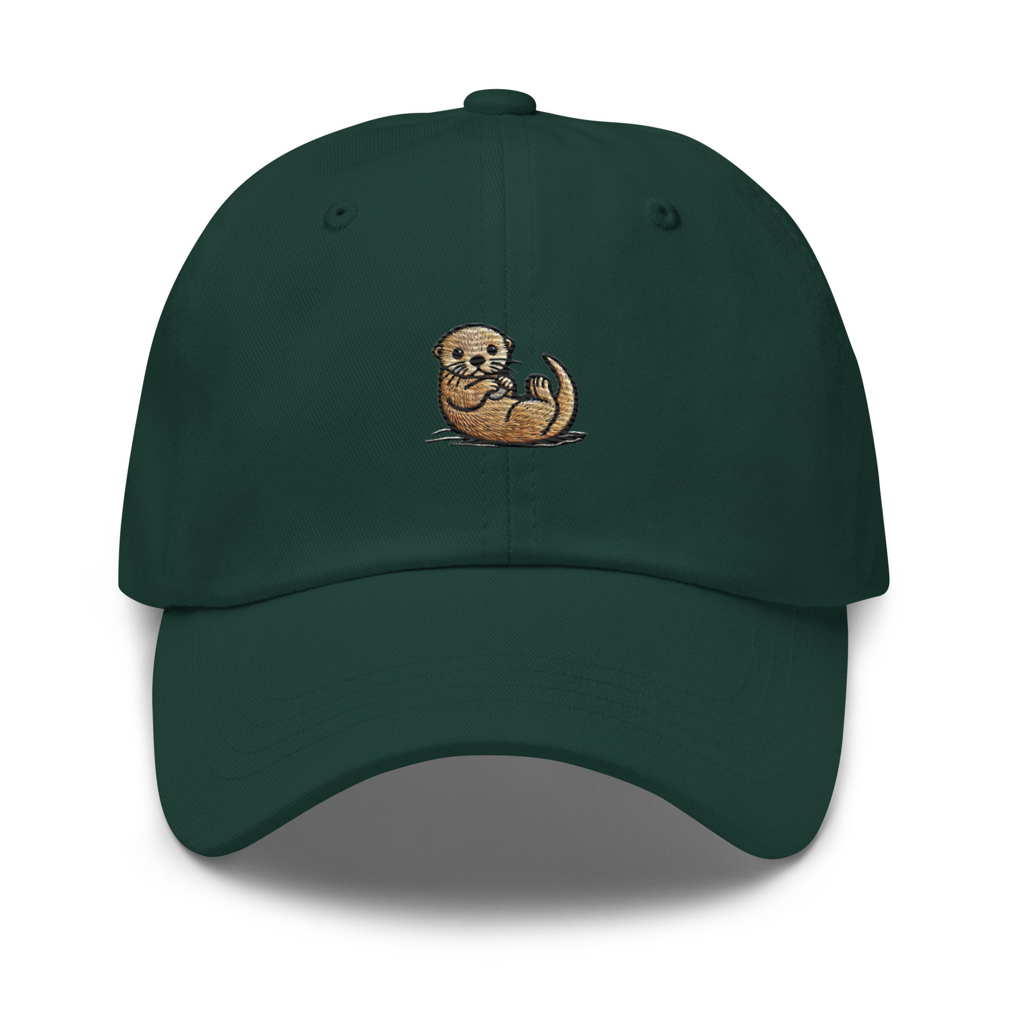 Green cotton twill dad hat with embroidered otter design