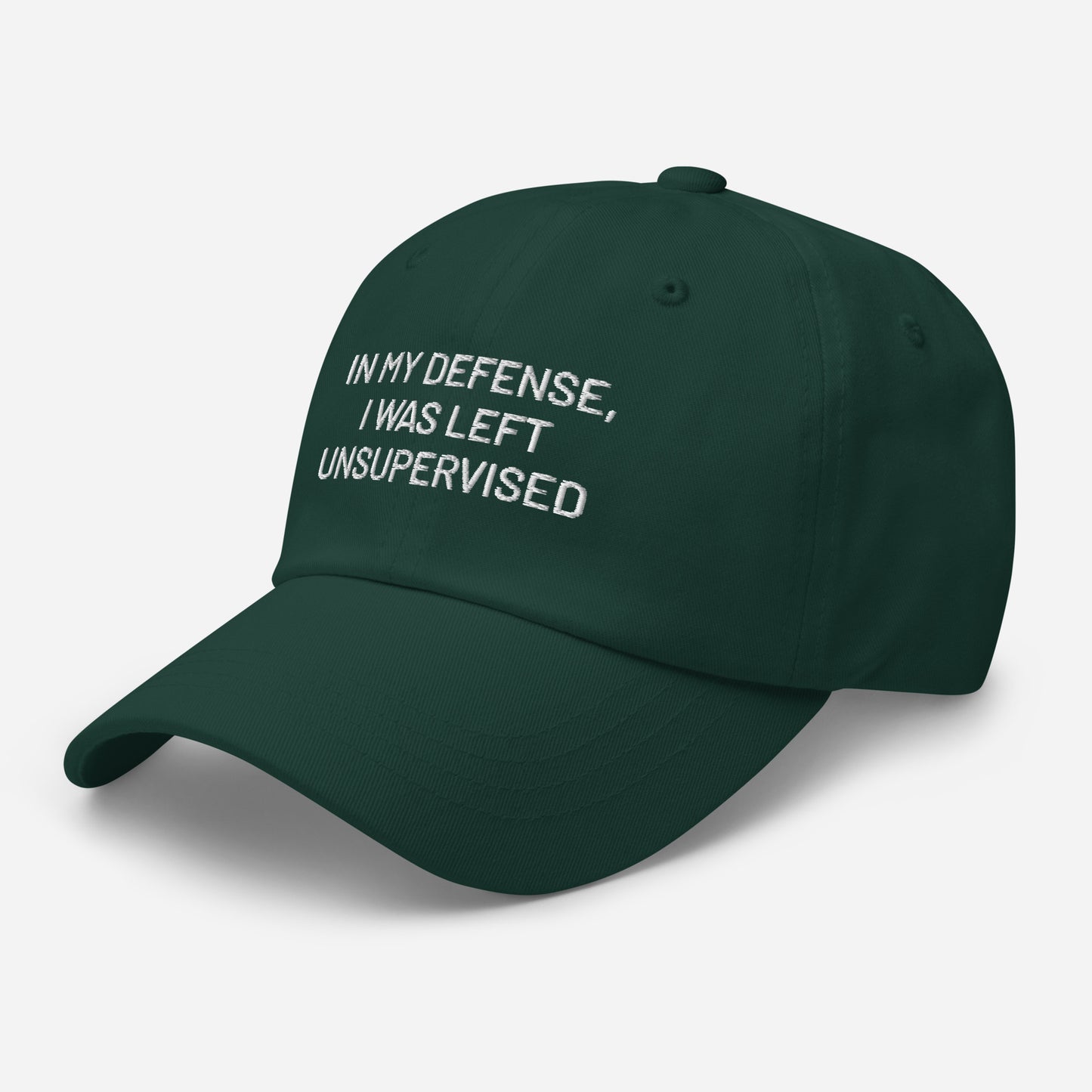 Funny embroidered dad hat in dark green with white text design