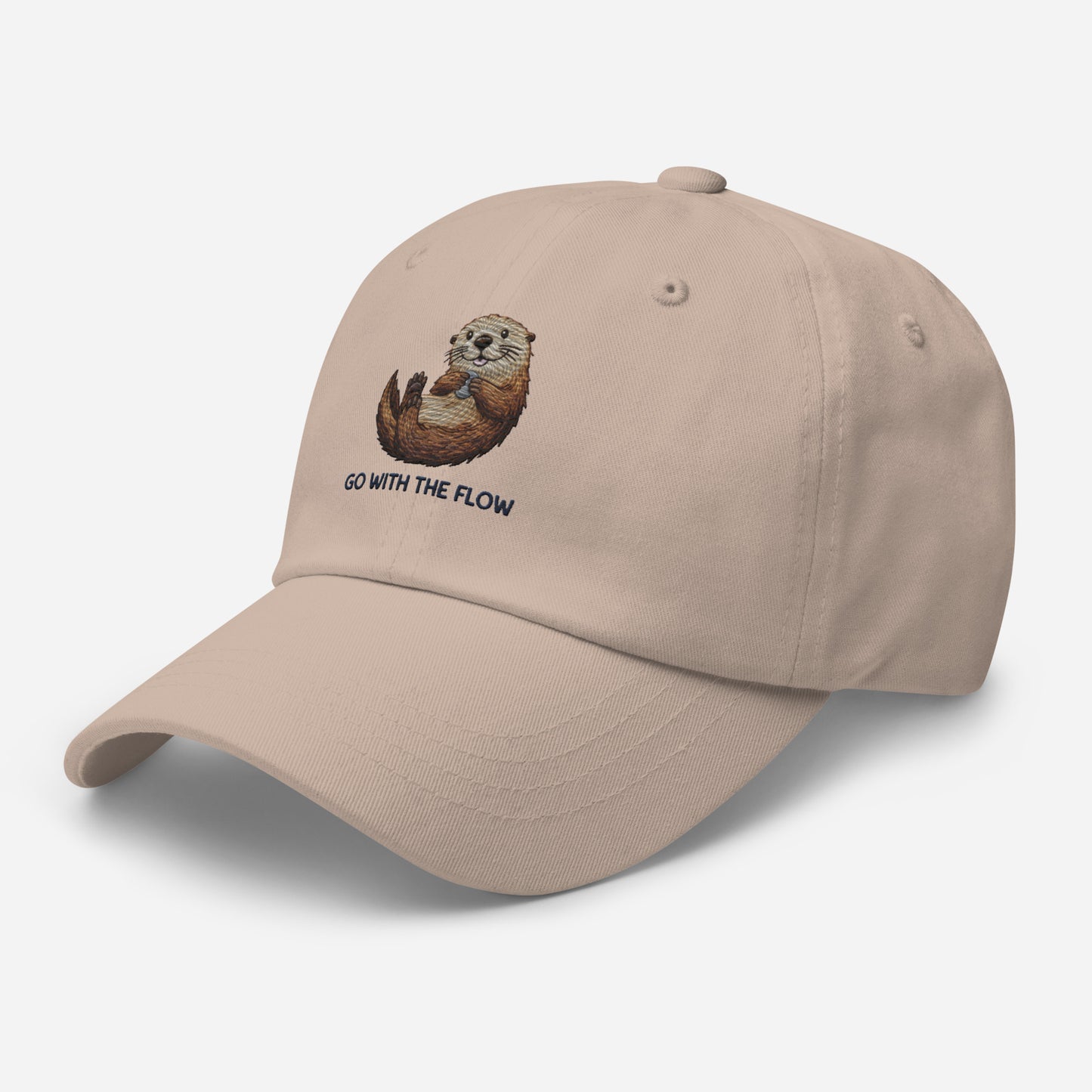 Beige dad cap with go with the flow otter minimalist wildlife design