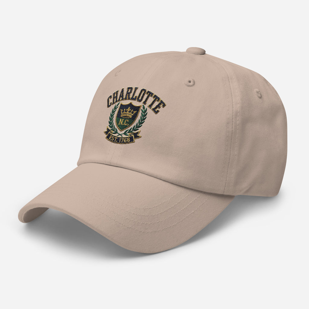 Beige dad hat with Charlotte NC embroidered crest design