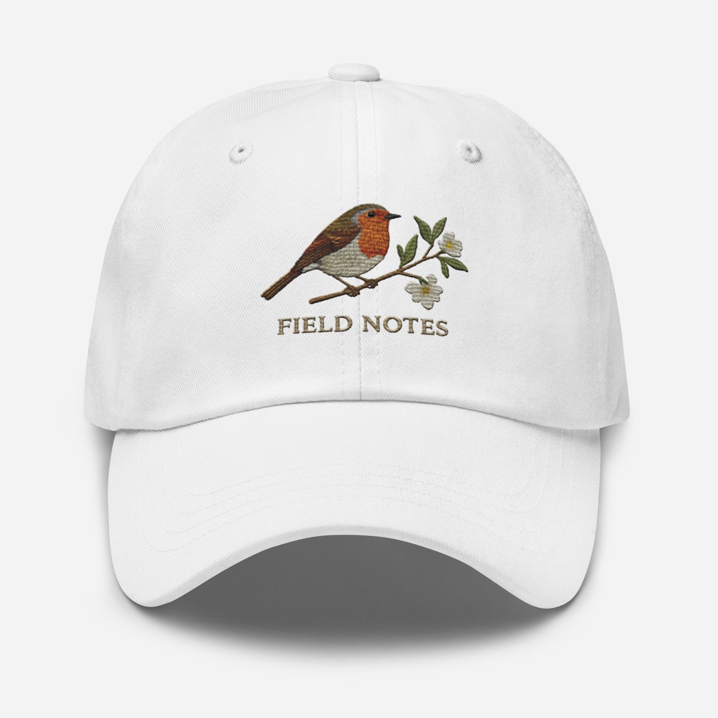 Vintage cotton twill dad hat with robin bird embroidery and Field Notes text