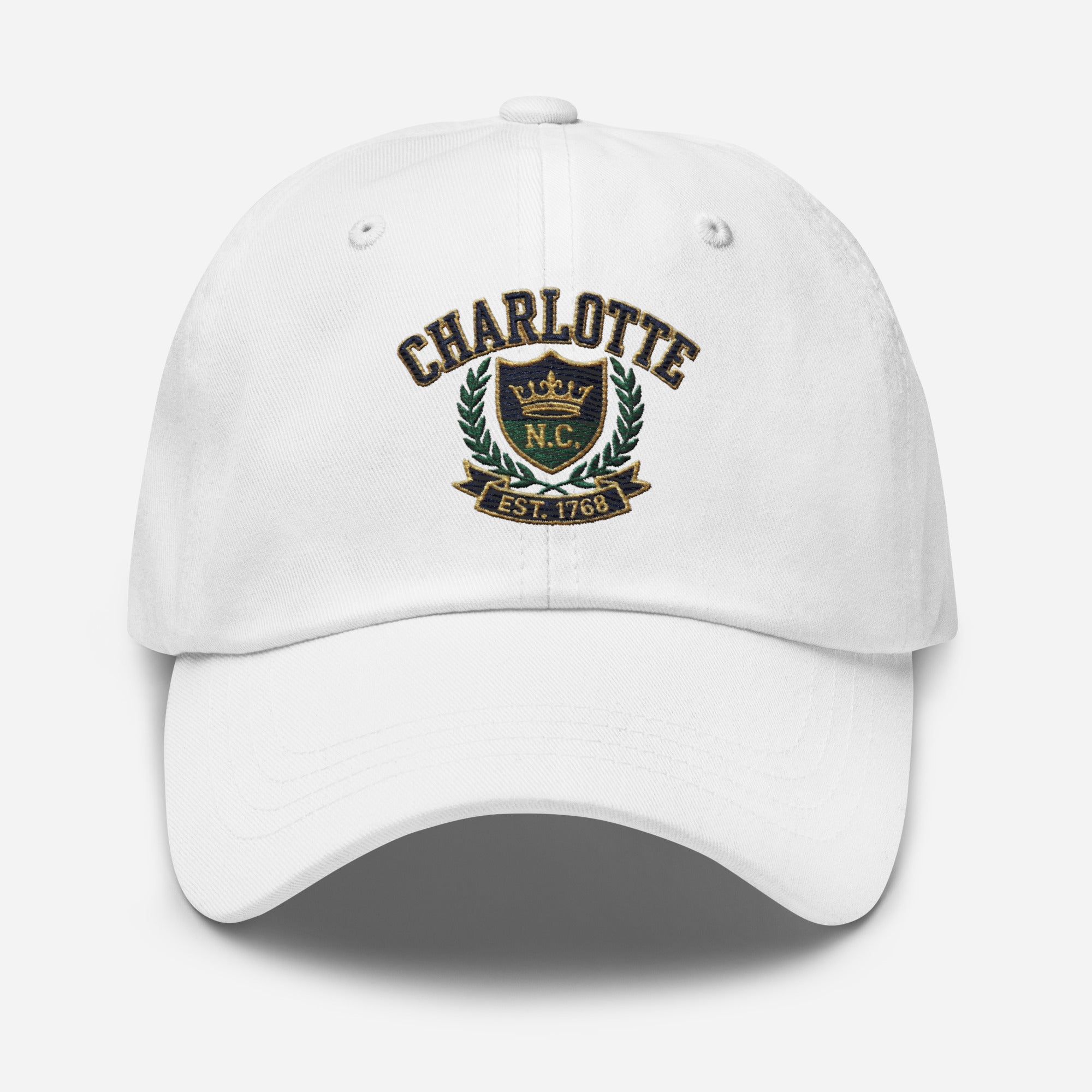 White dad hat embroidered with Charlotte NC, travel gift cap