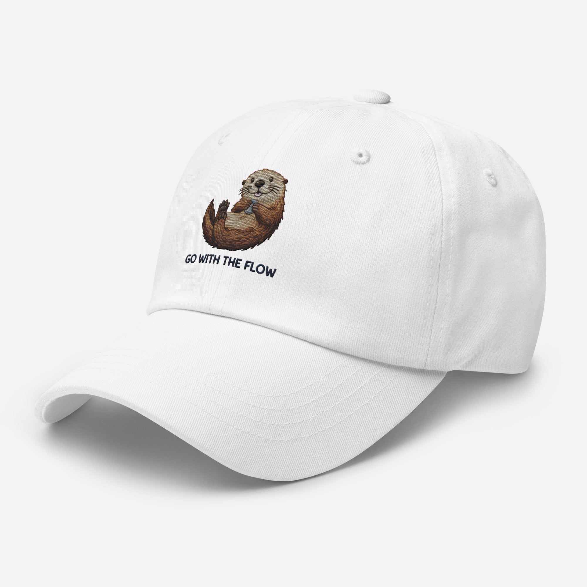White dad cap with flow otter minimalist wildlife design