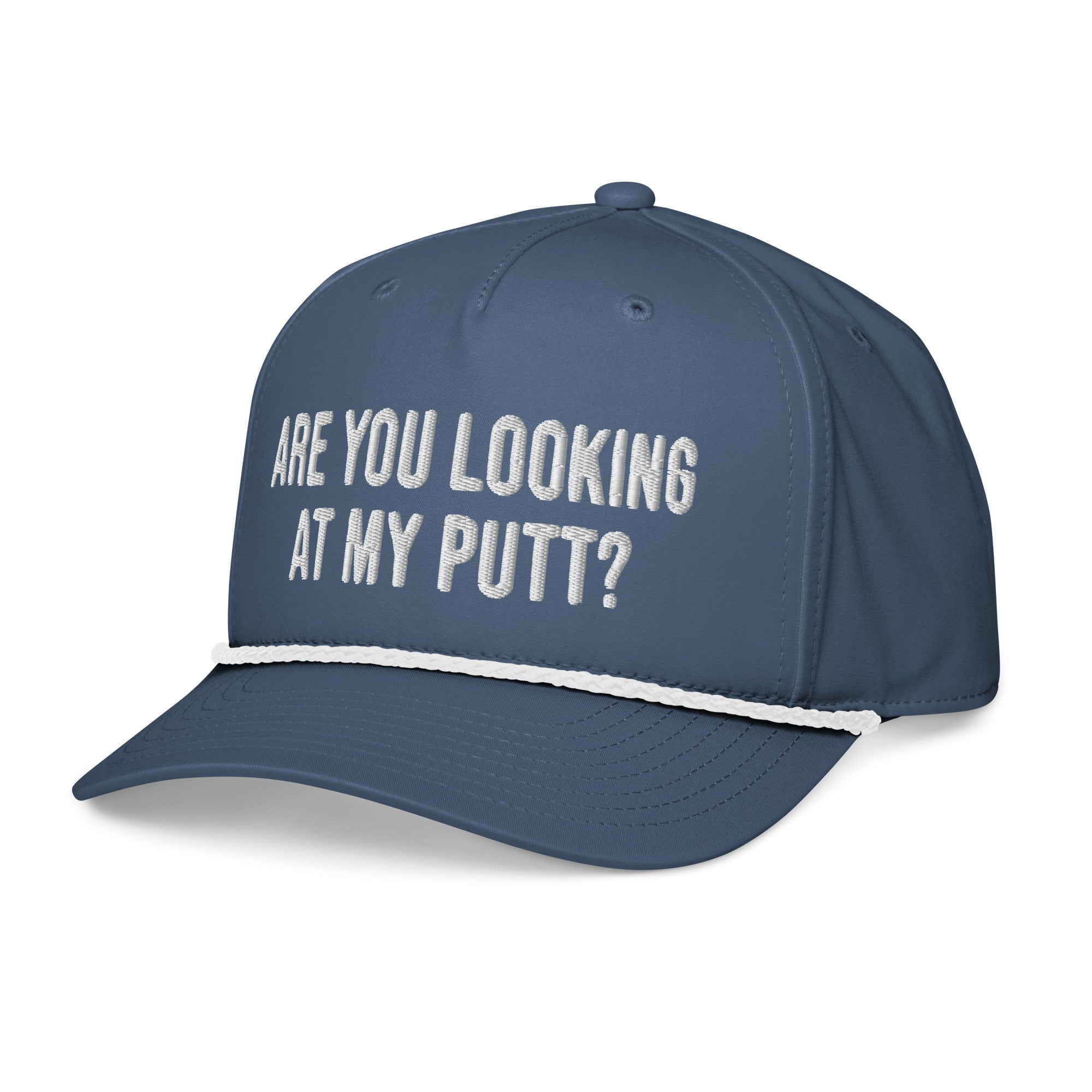 Navy blue golf rope cap with Are You Looking at My Putt embroidery