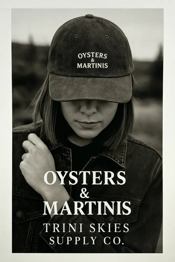 Trini Skies Supply embroidered corduroy cap on woman in denim jacket