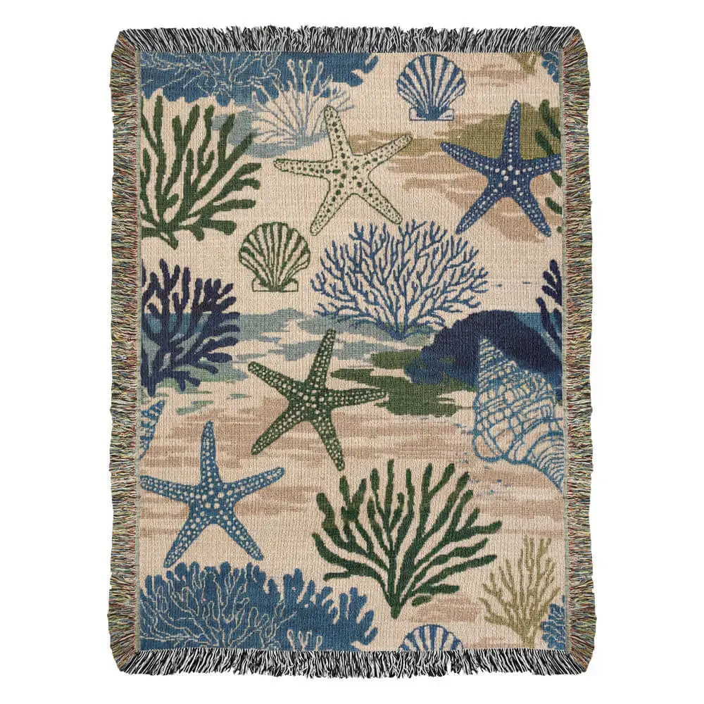 Coastal woven blanket with starfish coral pattern textile throw and fringe