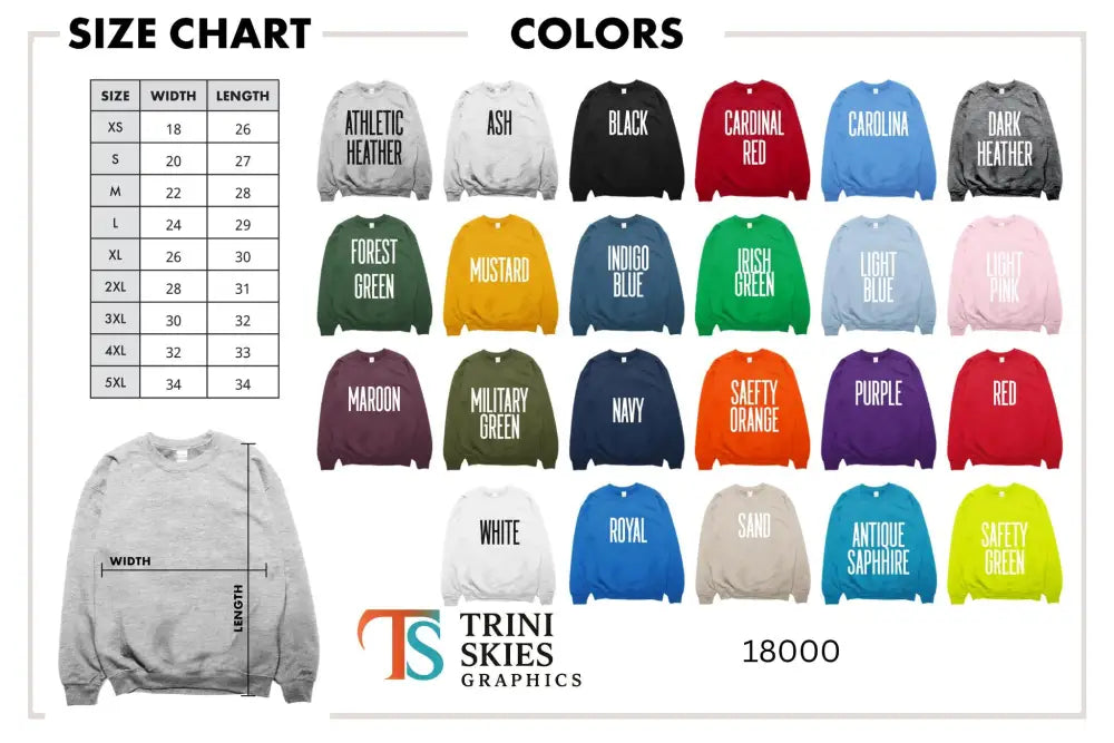Gray coffee weather graphic sweatshirt with crew neck, long sleeves, size chart, and color options