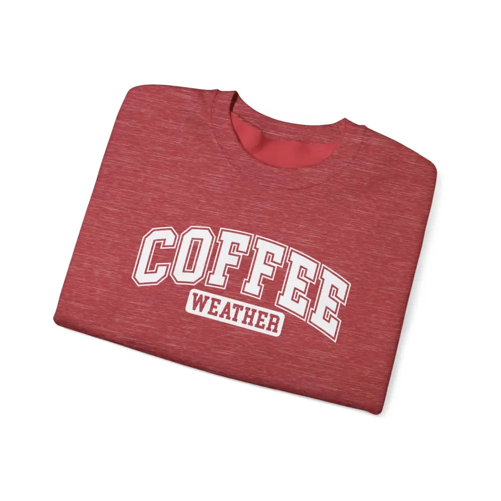 Folded red Coffee Weather graphic sweatshirt in cotton poly blend