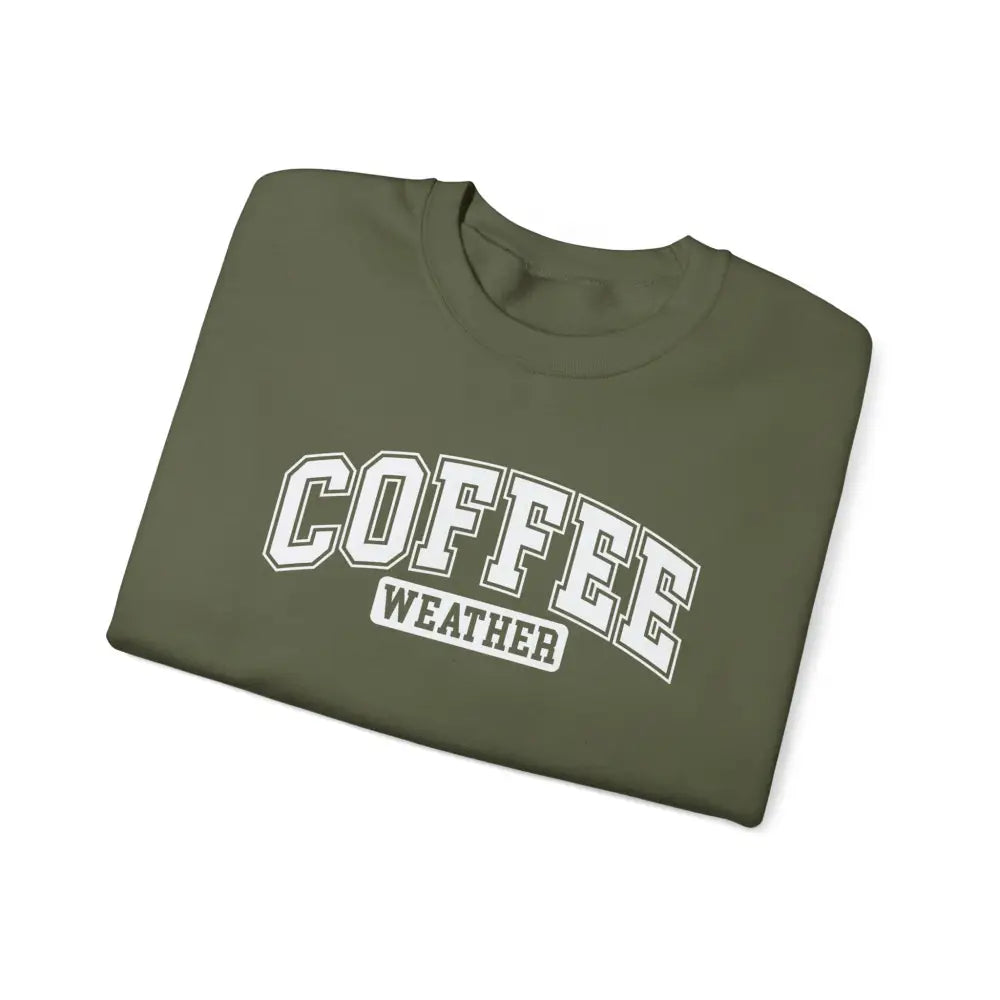 Folded olive green Coffee Weather graphic sweatshirt in cotton poly blend