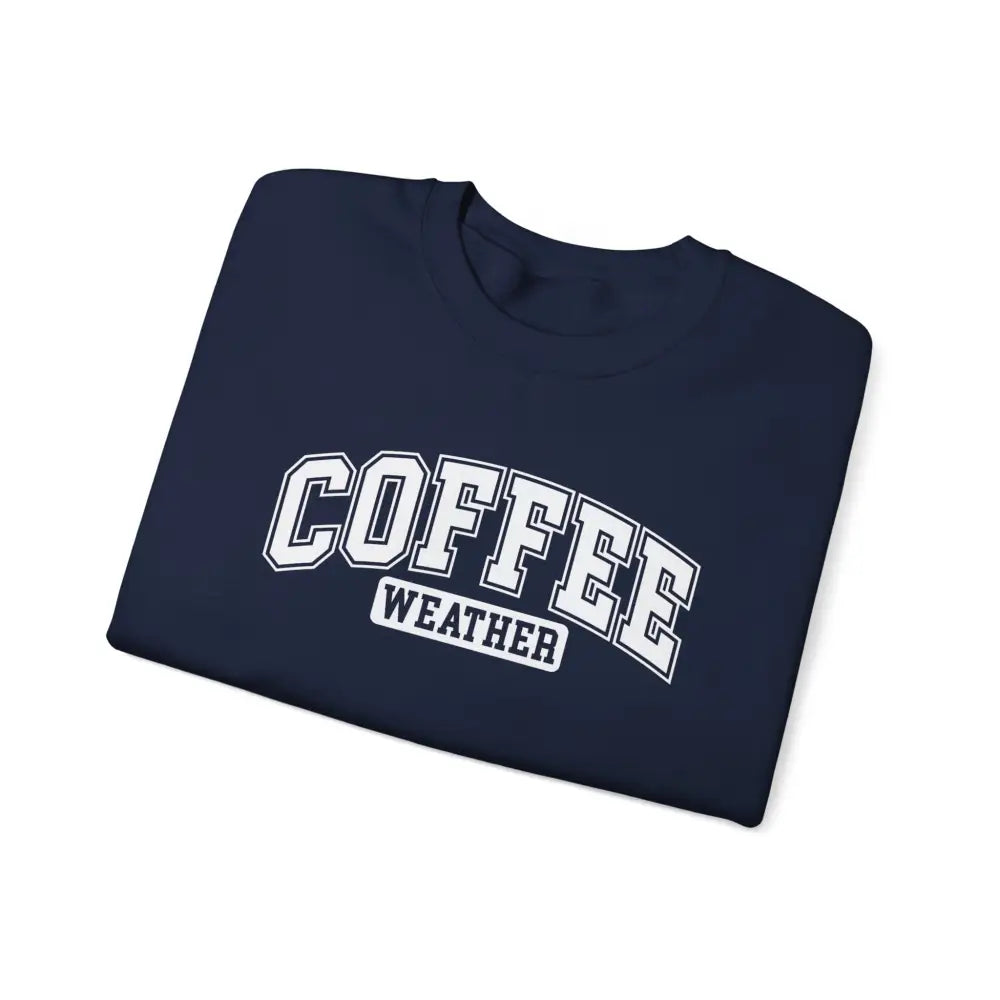 Folded navy blue coffee weather graphic sweatshirt in cotton poly blend