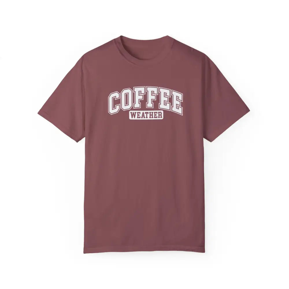 Coffee Weather winter-inspired graphic t-shirt in plum with white print