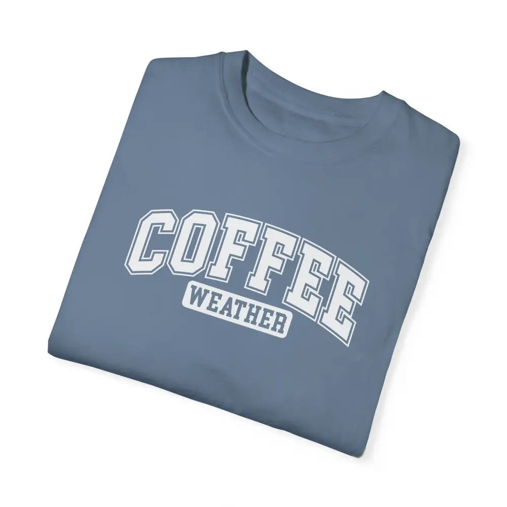 Folded blue coffee weather winter-inspired graphic t-shirt