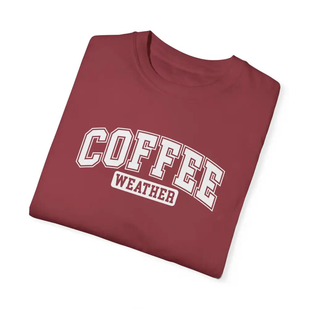Maroon short-sleeved coffee weather winter-inspired graphic t-shirt