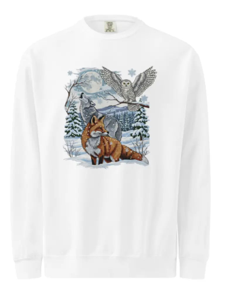 Comfort Colors Wildlife Sweatshirt with Retro Fox Wolf Owl Forest Scene