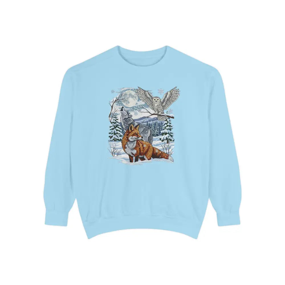 Comfort Colors wildlife sweatshirt with retro fox, owl, wolf in snowy print