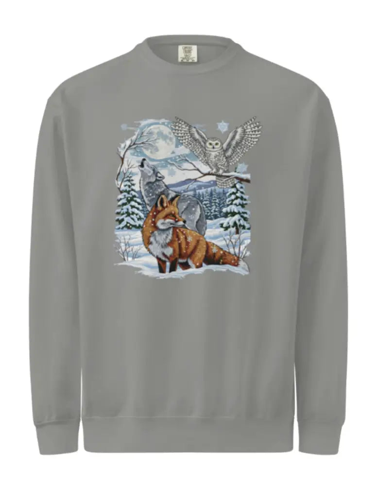 Comfort Colors wildlife sweatshirt with retro fox wolf owl graphic