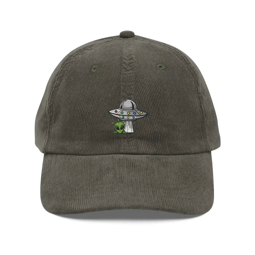 Olive green corduroy embroidered hat with retro 90s vintage alien design