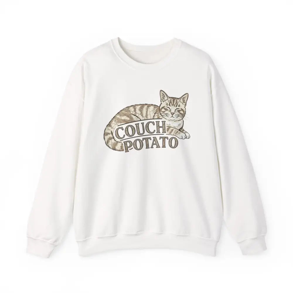 White Trini Skies potato cat sweatshirt with funny lazy cat graphic