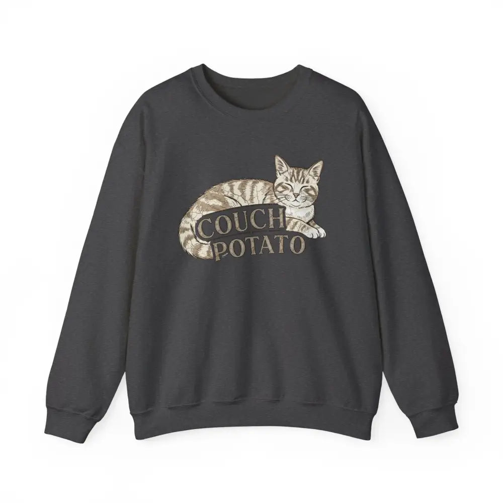 Dark gray cat sweatshirt featuring a funny lazy cat and potato cat graphic for cat lovers
