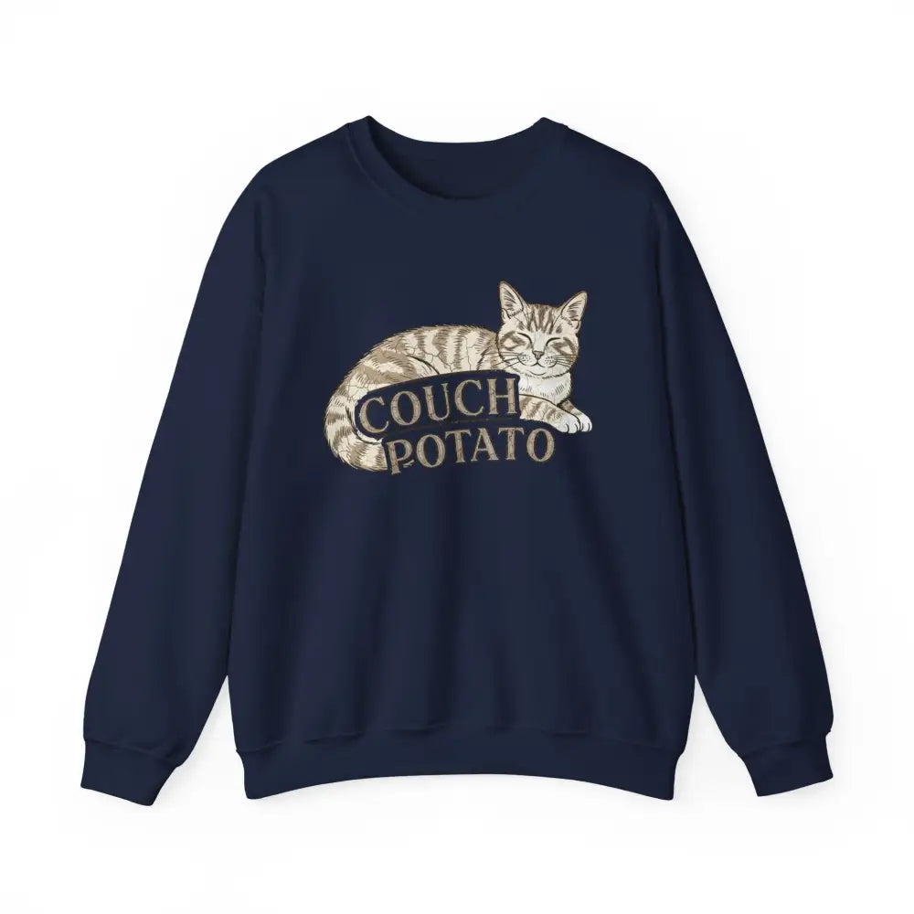 Dark blue Trini Skies cat sweatshirt with potato cat graphic