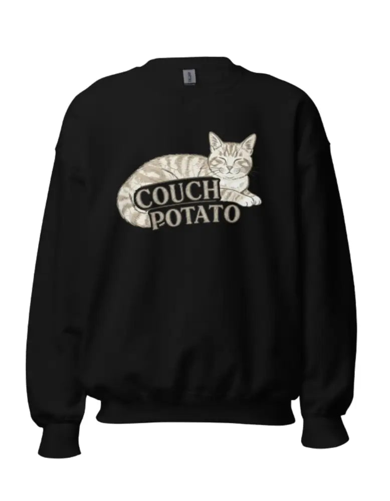 Black Couch Potato Cat Sweatshirt with Tabby Illustration