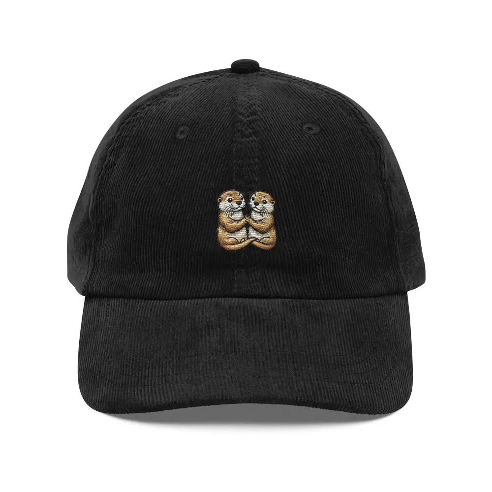 Black embroidered corduroy hat with couple otter design