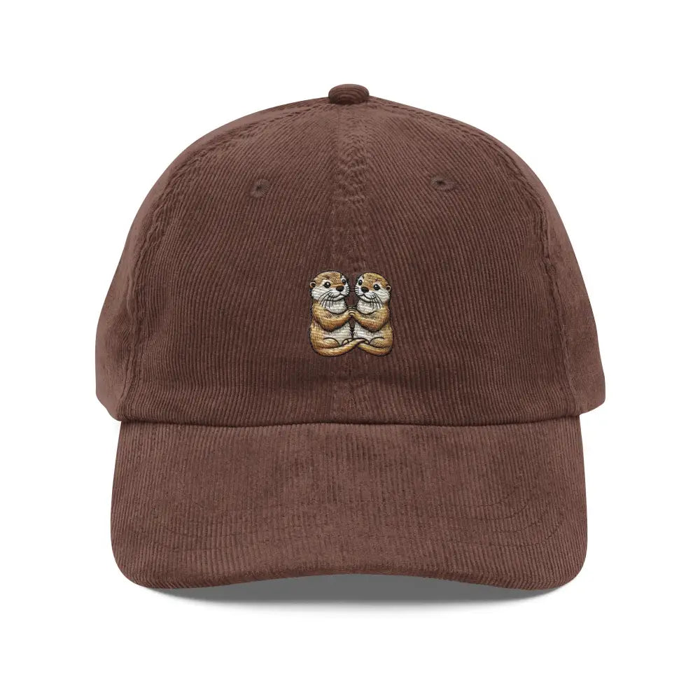 Brown corduroy baseball cap with couple otter embroidered handmade design