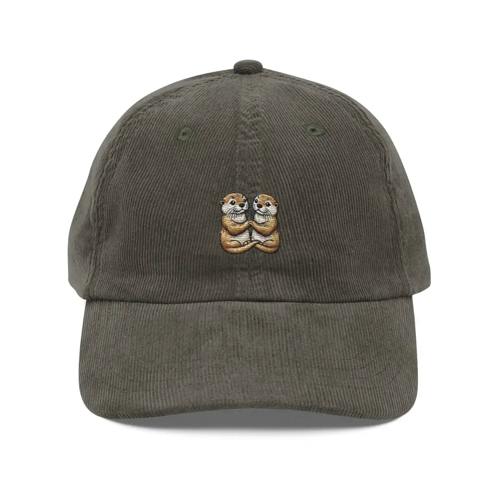 Olive green corduroy baseball cap with couple otter embroidered handmade design