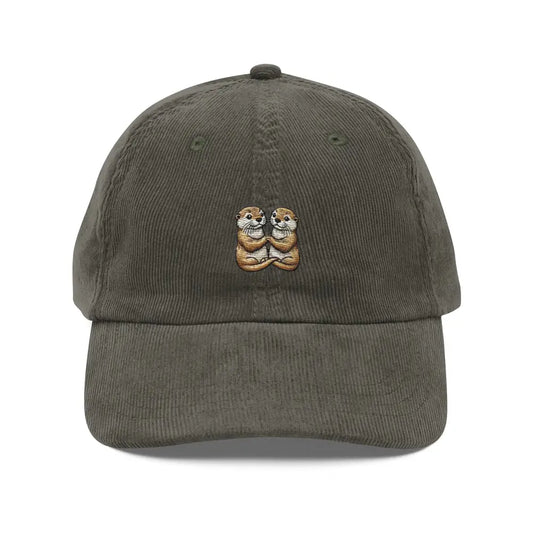 Olive green corduroy baseball cap with couple otter embroidered handmade design