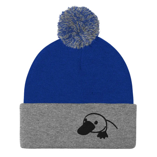 Cozy Embroidered Platypus Pom-Pom Beanie – Warm & Stylish Cold Weather Wildlife Hat - Royal/ Heather Grey - Hats blue