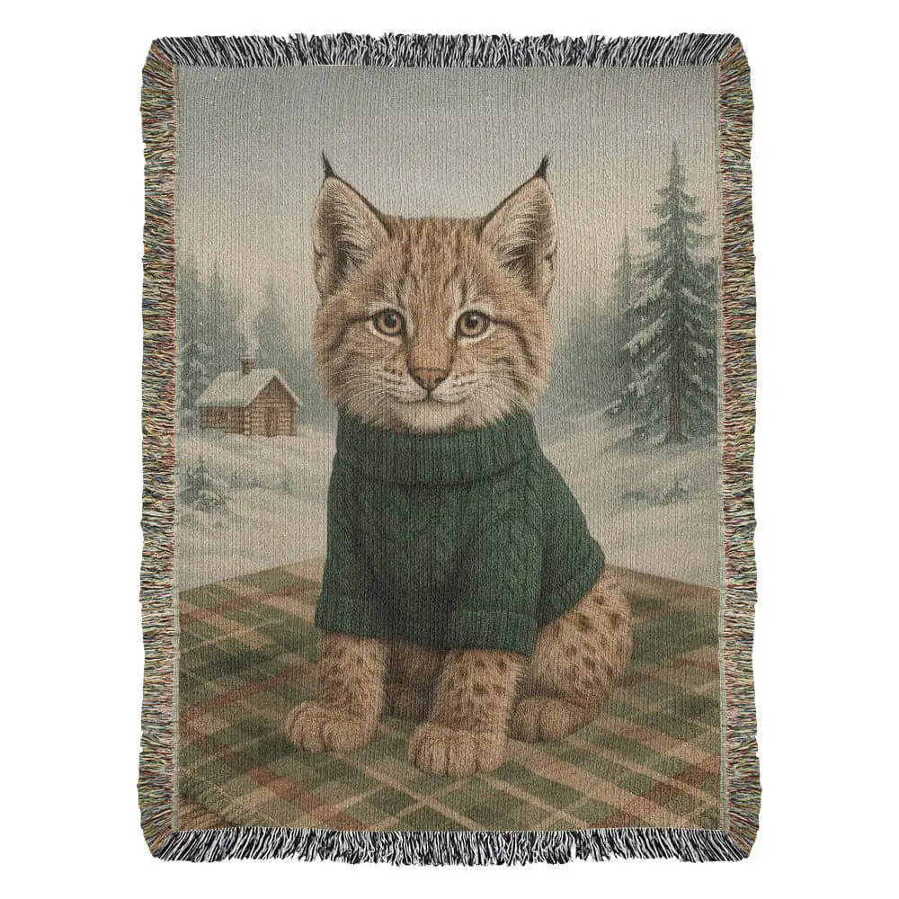 Cozy lynx in green sweater on plaid with winter cabin scene, vintage woodland art