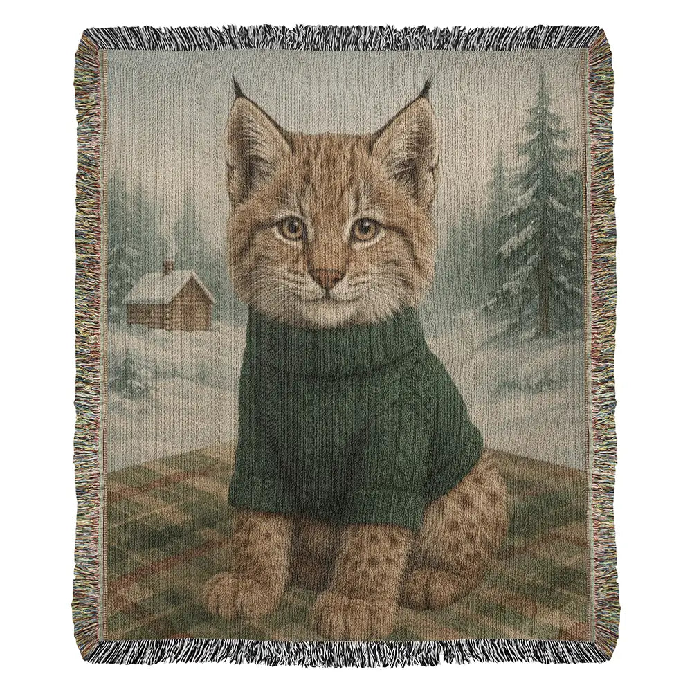 Cozy lynx kitten in sweater on plaid, lynx winter cabin scene