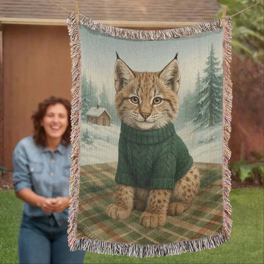 Cozy lynx in green sweater on vintage woodland animal tapestry blanket