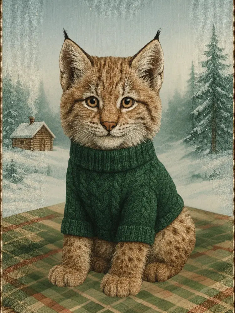 Cozy lynx kitten in vintage woodland sweater on lynx winter cabin blanket
