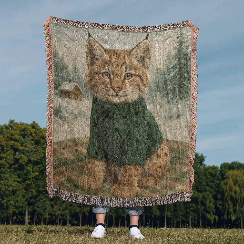Cozy lynx in green sweater on vintage woodland animal blanket with winter cabin scene