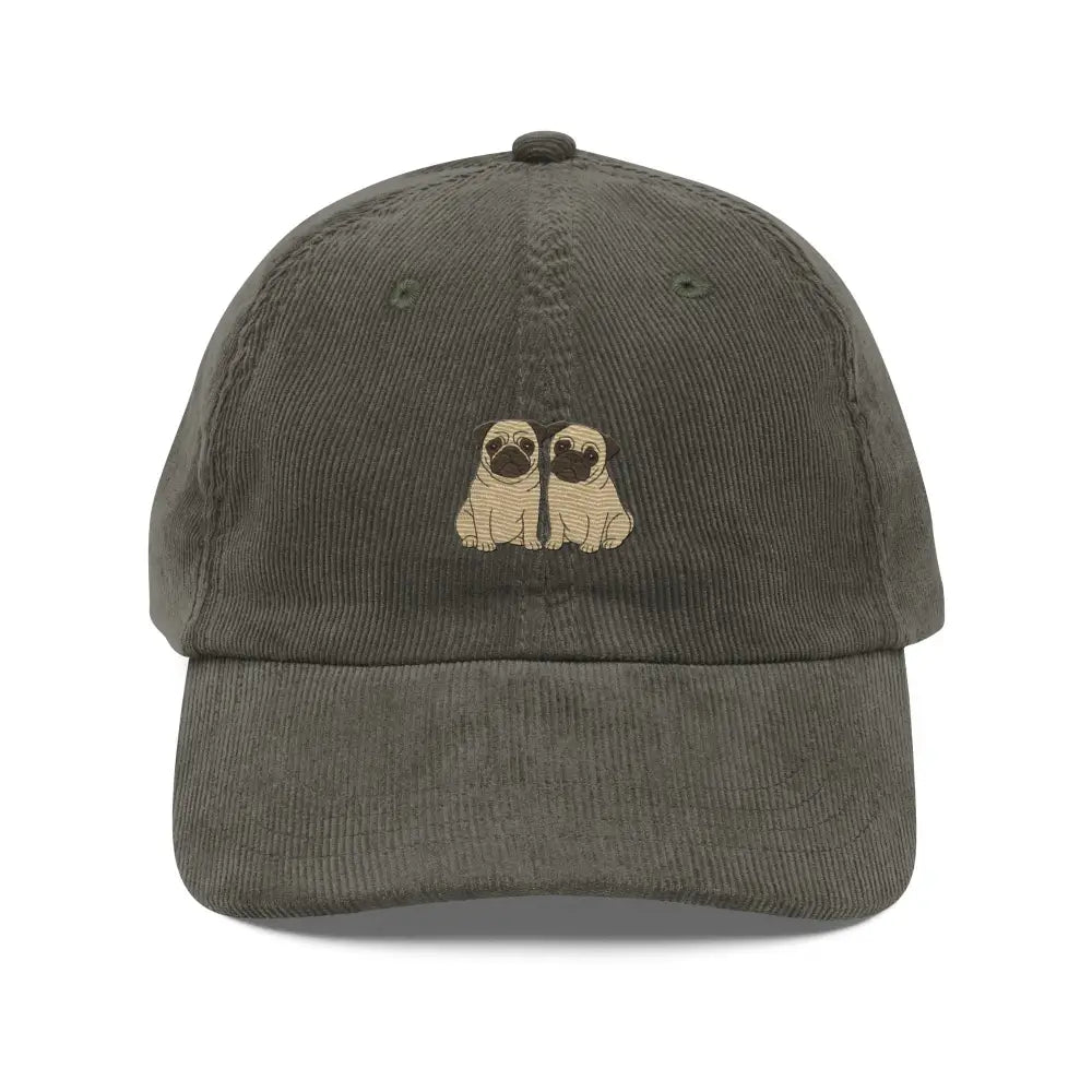 Dark olive green corduroy baseball cap with embroidered pug duo and cream pugs embroidery