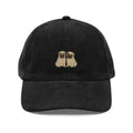 Black corduroy baseball cap with embroidered pug duo by Trini Skies