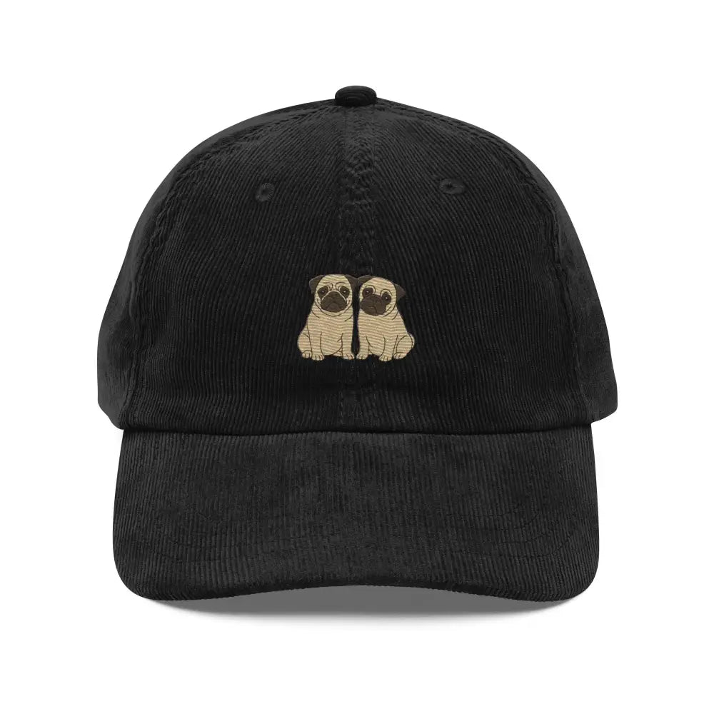 Black corduroy baseball cap with cream pugs embroidery featuring an embroidered pug duo for pet lovers