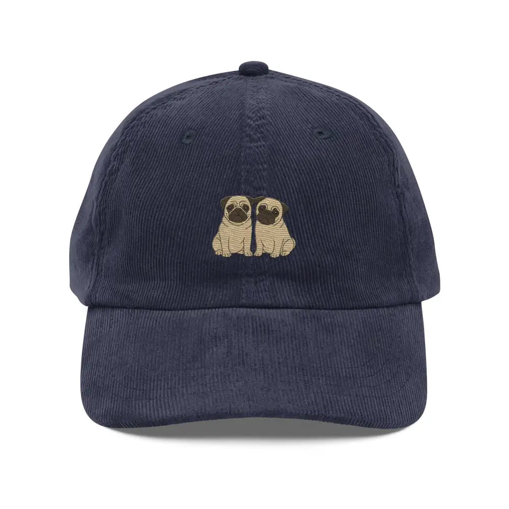 Navy blue corduroy baseball cap with embroidered pug duo by Trini Skies