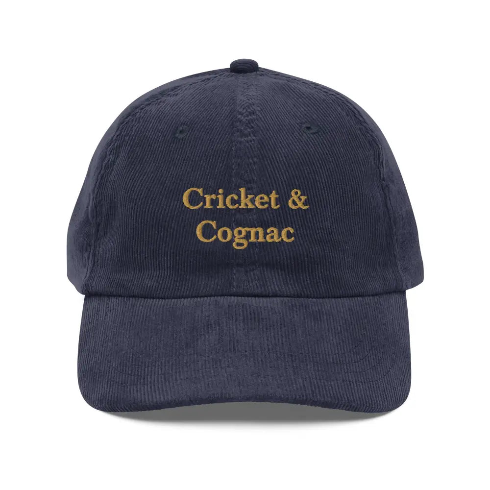 Navy blue corduroy cap with cognac embroidered vintage Cricket & Cognac text