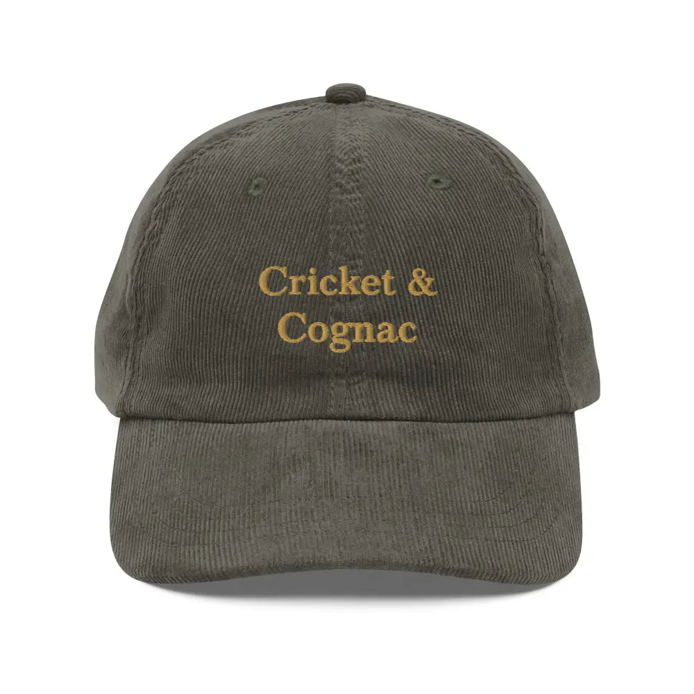 Olive green corduroy cap with cognac embroidered vintage Cricket & Cognac design