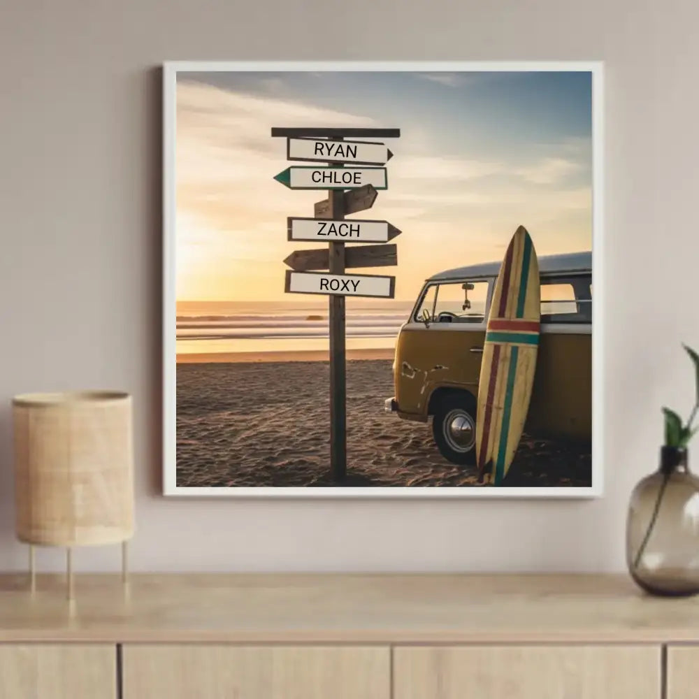 Custom beach surfer sign poster with vintage van and surfboard wall art