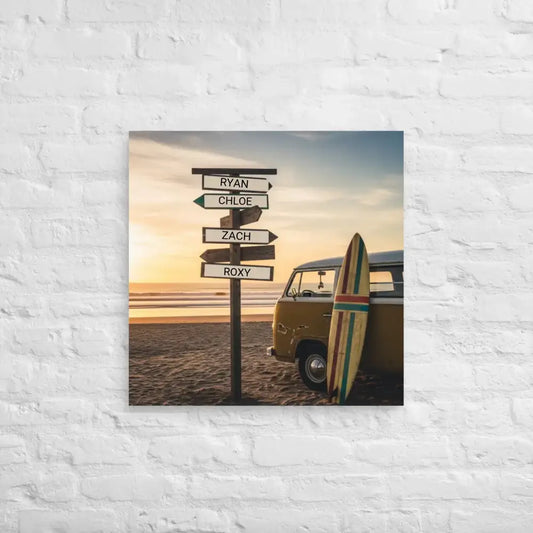 Custom beach surfer wall art featuring a beach scene with vintage van and surfboard